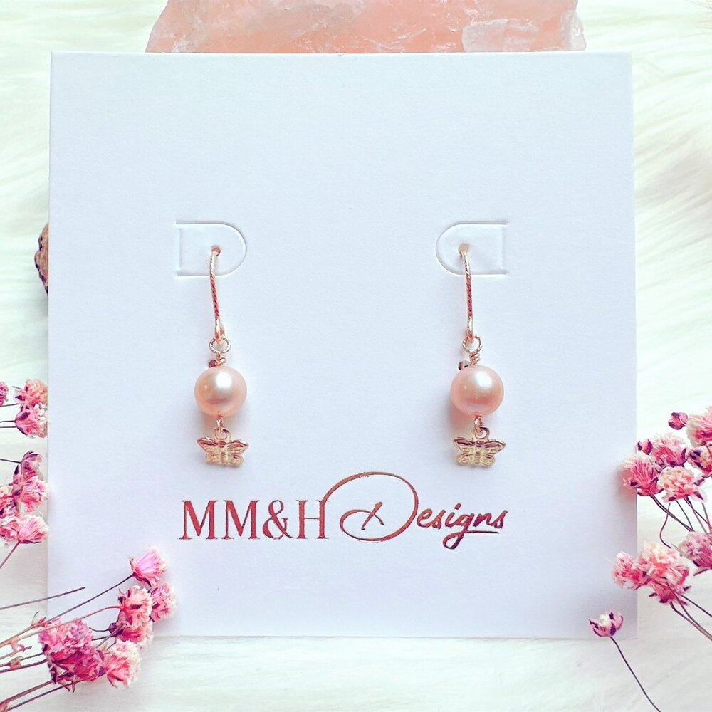 14k Gold-Filled Light Purple Freshwater Pearl Earrings with Butterfly Charm